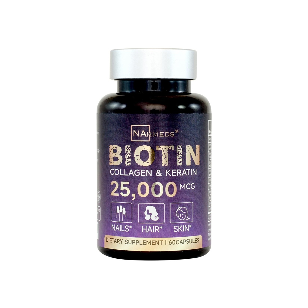 Biotin + Beauty Mešanica – 25.000 mcg Complex z Collagen, Keratin, MSM – Podpora za lase, kožo in nohte – Gluten-free – GMP, ISO 22000, HACCP Certified – COA Na voljo – 60 kapsul