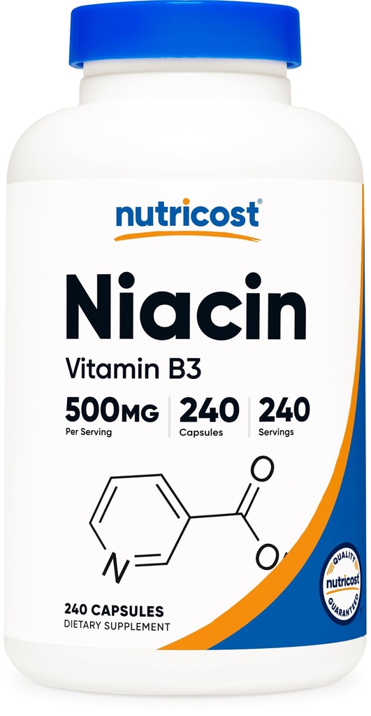 Nutricost Niacin (vitamin B3) 500 mg, 240 kapsul - z zardevanjem, brez glutena, brez glutena