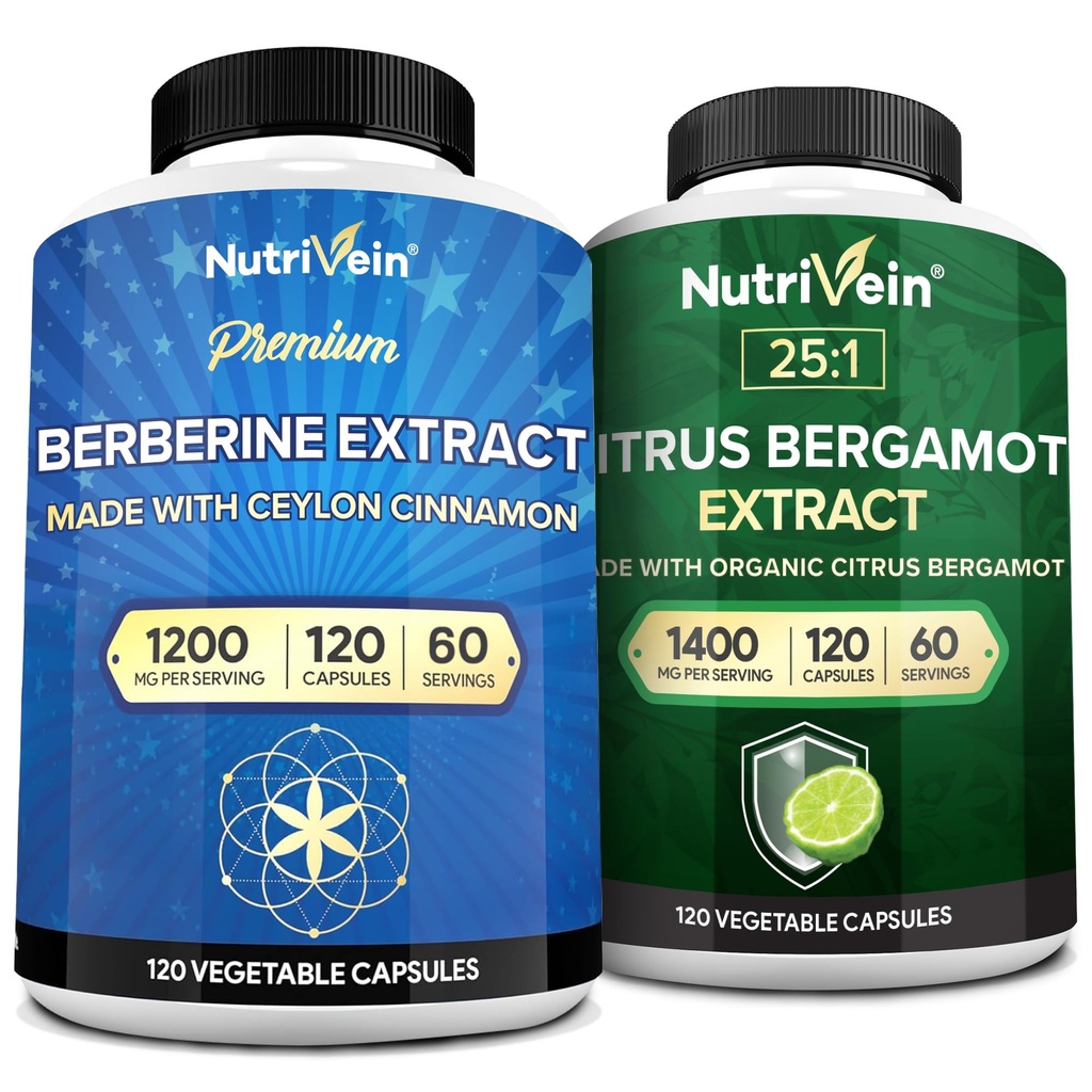 Nutrivein Premium Berberine 1200mg & Citrus Bergamot Extract 1400mg Bundele - Ceylon Cinamon & 25:1 Bergamia Extract - Hujšanje in Imunska podpora Plus zdravje srca - 120 kapsul