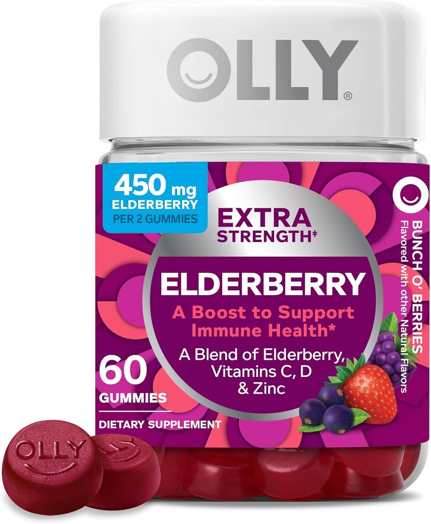 OLY ekstra moč Bezgove jagode, Imunska podpora, 450mg Bezgove jagode, Vitamin C, D in cink, Berry - 60 Count