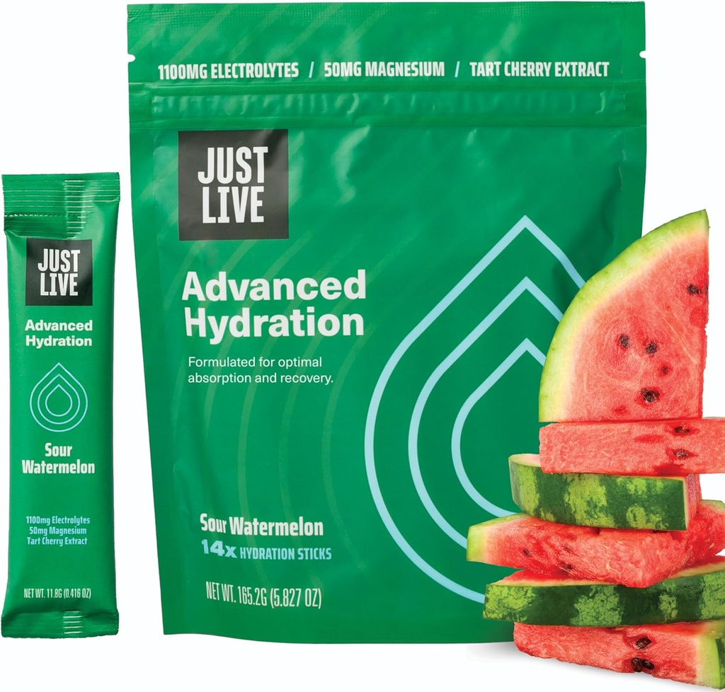 Samo Live Advanced Hydration - Sour Watermelon, Electrolyte Drink Mix, Izvleček iz citrate, Podpira regeneracijo in absorpcijo, nizko sladkor, 14 Pack