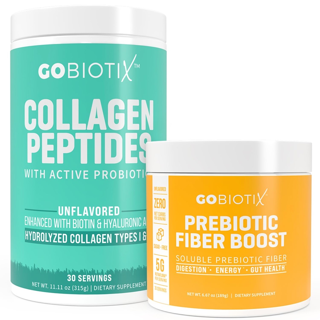 GOBIOTIX Fiber & Kolagen paket: Lasje, koža, Gut podpora - 30 Servings Collagen, 35 Serving Fiber