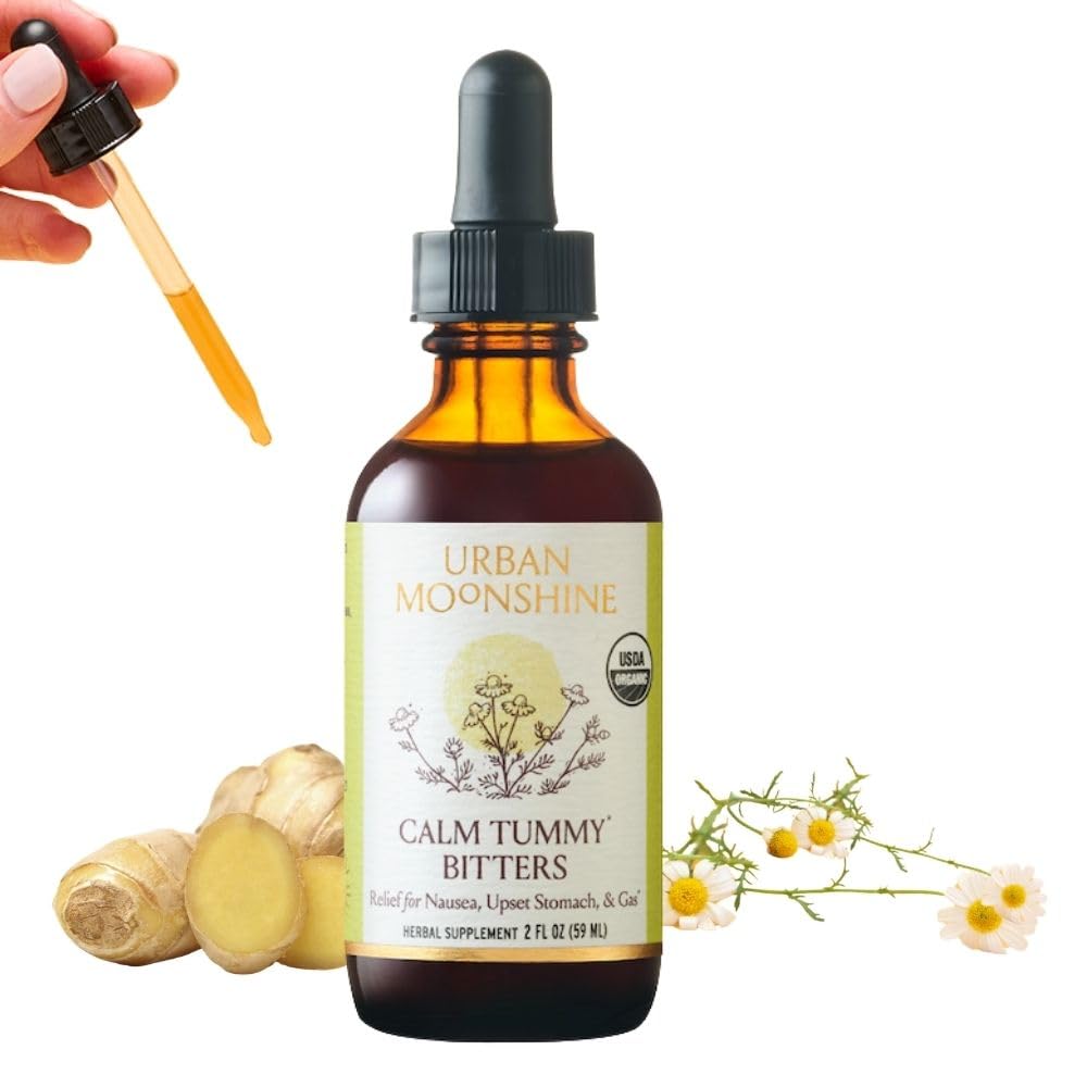 Urban Moonshine Calm Tummy Bitters - Certified Organic - Relief for Navzea & Upset Stomach* - Bloating Relief* - Soothes Digestive Bitters - Gluten Free Zeliščni dodatek - 2 Fl Oz