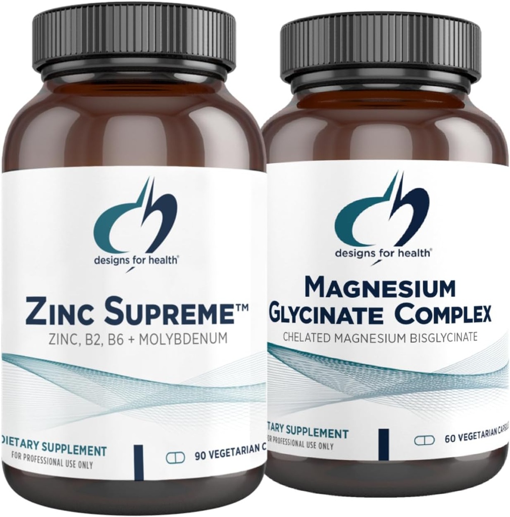 Zasnova za zdravje Magnezij Glycinate Complex (60 kapsul) & Cink Supreme (90 kapsul) - Visoka absorpcija Magnezij z cinkovim biglicinatom Chelat s kofaktorji za imuno podporo