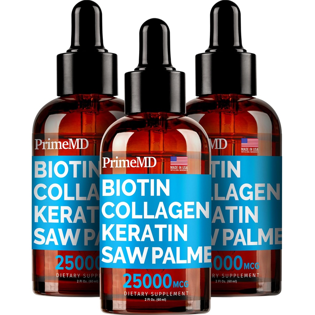PrimeMD 4-v-1 tekoči biotin kolagen keratin žaga Palmetto kapljice (3 paket) strdek - 25000mcg lasje nohti in kožni vitamini za ženske in moške - 2 Fl Oz vsak, lubenica aroma, Gluten-free, Non-GMO