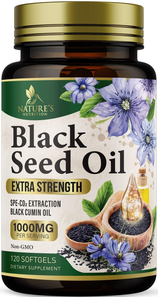 Black Seed Oil Softgels 1000mg - Premium Nigella Sativa Blackseed, Pure Natural Black Cumin Seme Oil & Antioksidant za podporo kože in imunskega sistema - Non GSO, Ustekleničen v ZDA dodatek - 120 Softgels