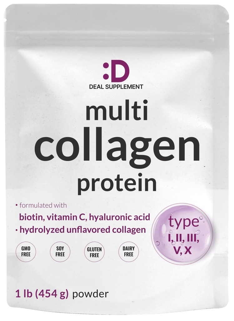 Več kolagenski proteinski prašek,1Lb - tip I, II, III, V, X kolagenski peptidi z biotinom 10000mcg, vitaminom C in hialuronsko kislino - brez arome - Keto & Paleo prijazno, super za lase, kožo, nohte in sklepe