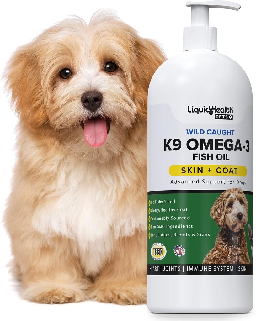 Liquid Health Hišni ljubljenčki K9 Omega 3 Ribje olje za pse - Liquid Omega 3 Dopolnilo za hišne živali z EPA + DPA + DHA - Zmanjšajte srbenje in spuščanje, Podpora sklepov, Immuniteta, Brain & Heart Health - USA Made (16 oz)