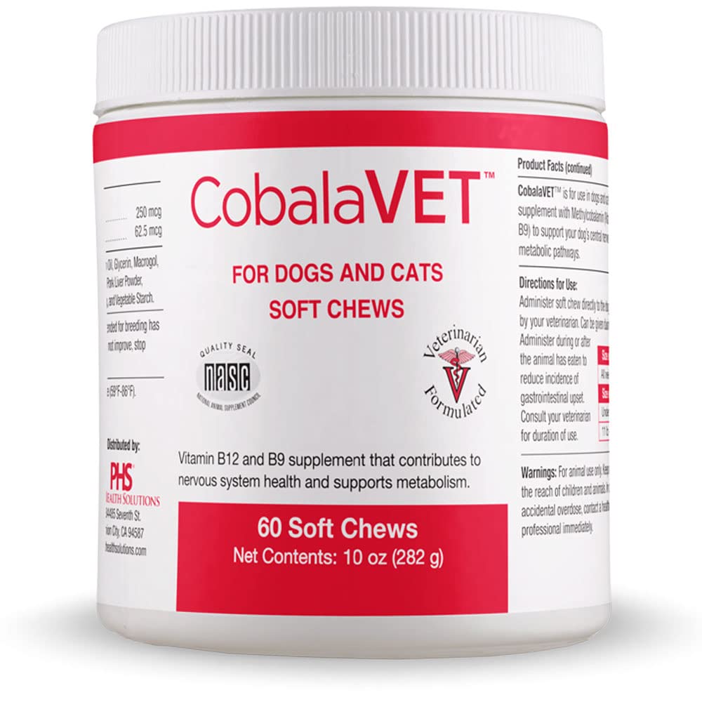 KobalaVet Vitamin B12 & B9 za majhne pse in mačke - podpira živčevje, delovanje možganov, imunske obrambe in rast celic - tvorba krvnih celic - metabolična pot - 60 mehkih žvečil