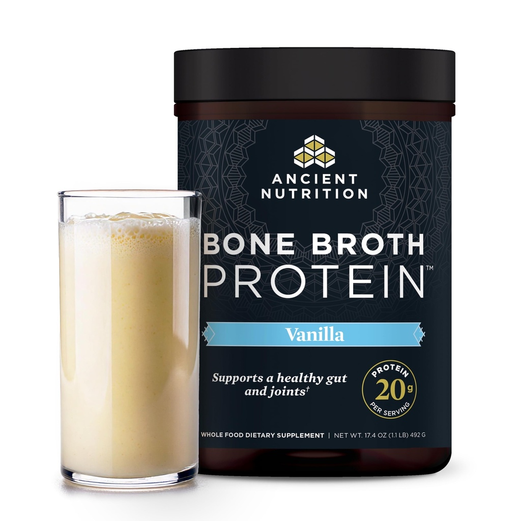 Ancient Nutrition Grass Fed, Cage Free, Bone Broth Protein Powder, 20g Beljakovine, hidrolizirani kolagen Peptide, Keto & Paleo prijazno, Podpira skupno, Gut Health, Vanilla, 20 Servinges