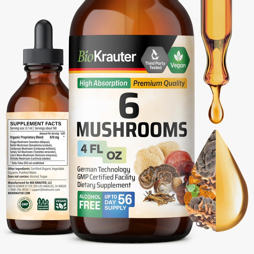 BIO KRAUTER 6 Gobe Dodatek 6-v-1 - Levi Mane, Shiitake, Turčija rep, Cordyceps, Reishi & Chaga Liquid Extract - Gobe kompleks Tinkture - Veganske kapljice 4 Fl.Oz.