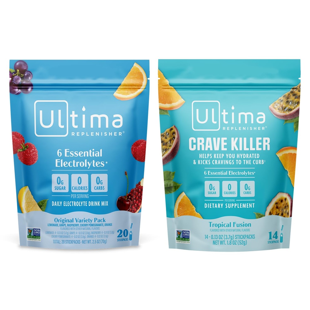 Ultima Replenisher Electrolyte Powder Drink Mix Bundle – Sugar Free – Variety, Crave Killer – 20 Stickpacks, 14 Stickpacks – 6 Elektroliti in minerali – Keto Friendly, Vegan, Non-GMO