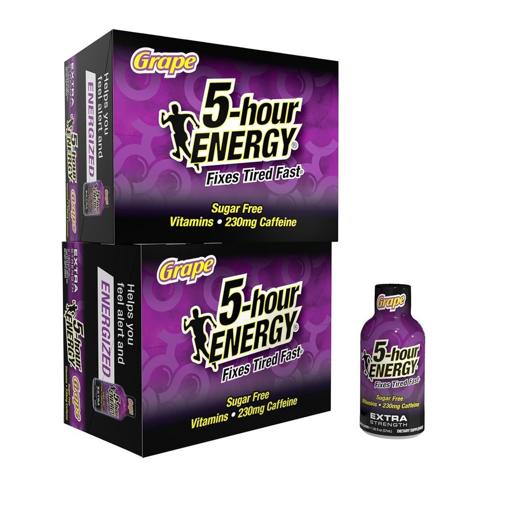 5-urna energijska energija z dodatno močjo ENERGY Shot, grozdna aroma (1,93 oz. - 24 štev.) nič kalorij in sladkor brez 230 mg kofeina, aminokisline in vitamini B, prehranska dopolnila