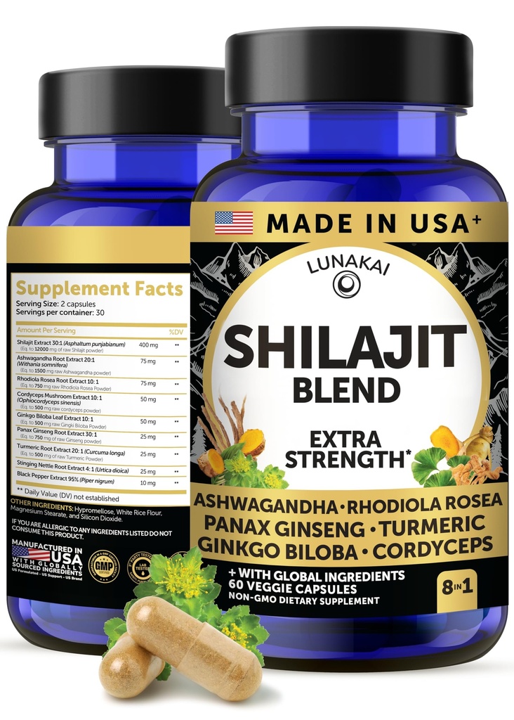 Lunakai ZDA Made Pure Shilajit kapsule z Ashwagandha, Rhodiola & Cordyceps - Extra Strength Shilajit Extract za moške in ženske, 60ct