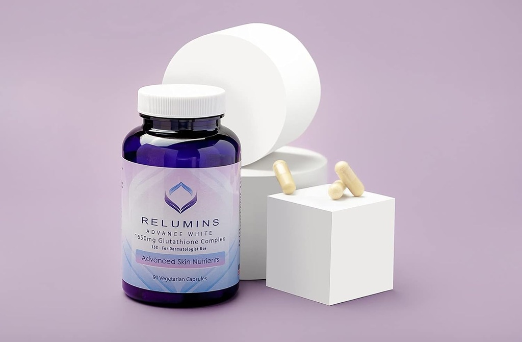 Pakiranje 2 Reluminov Advance White 1650 mg Glutatione Complex - 15x Dermatološka formula z naprednimi kožnimi nutrienti - 2 steklenici, 90 kapsul po 1, 180 Vse kapsule