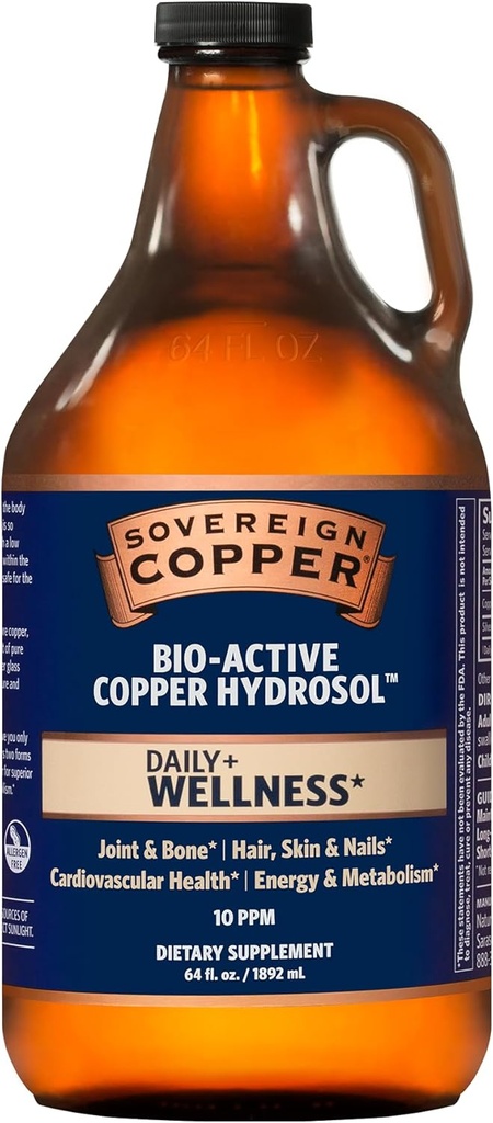Suverena bakrova bioaktivna bakrova hidrosol, dnevno + 4-v-1 wellness dodatek za sklepe in kosti*, lase, kožo in nohte*, kardiovaskularno zdravje* ter energijska in presnovna podpora*, 64oz