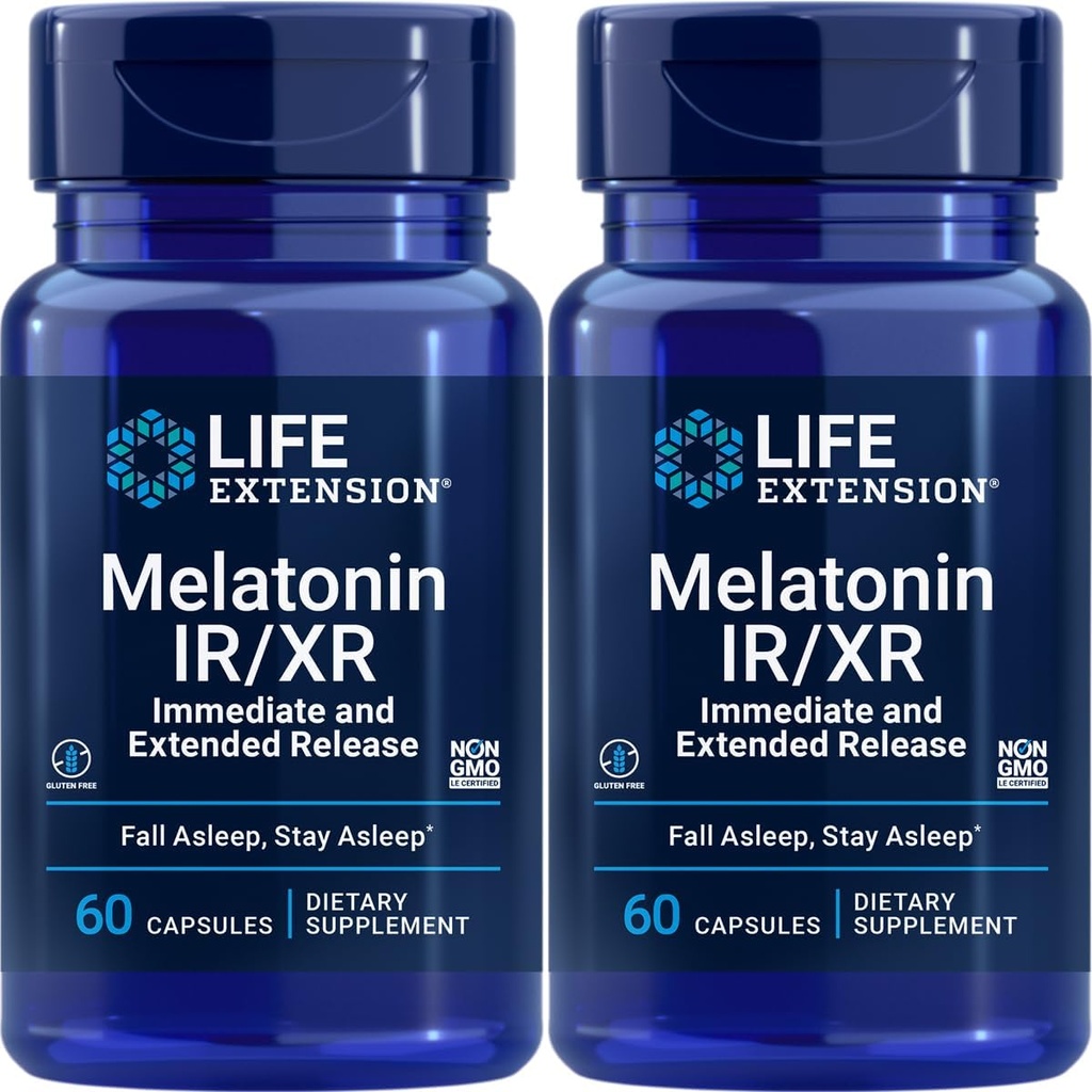 Life Extension Melatonin IR/XR, 1,5 mg, takojšnja in razširjena releazna formula za optimalno podporo spavanju, zdrave cirkadiane ritme, celično obrambo, gluten-free, ne-GMO, 2 X 60 kapsul