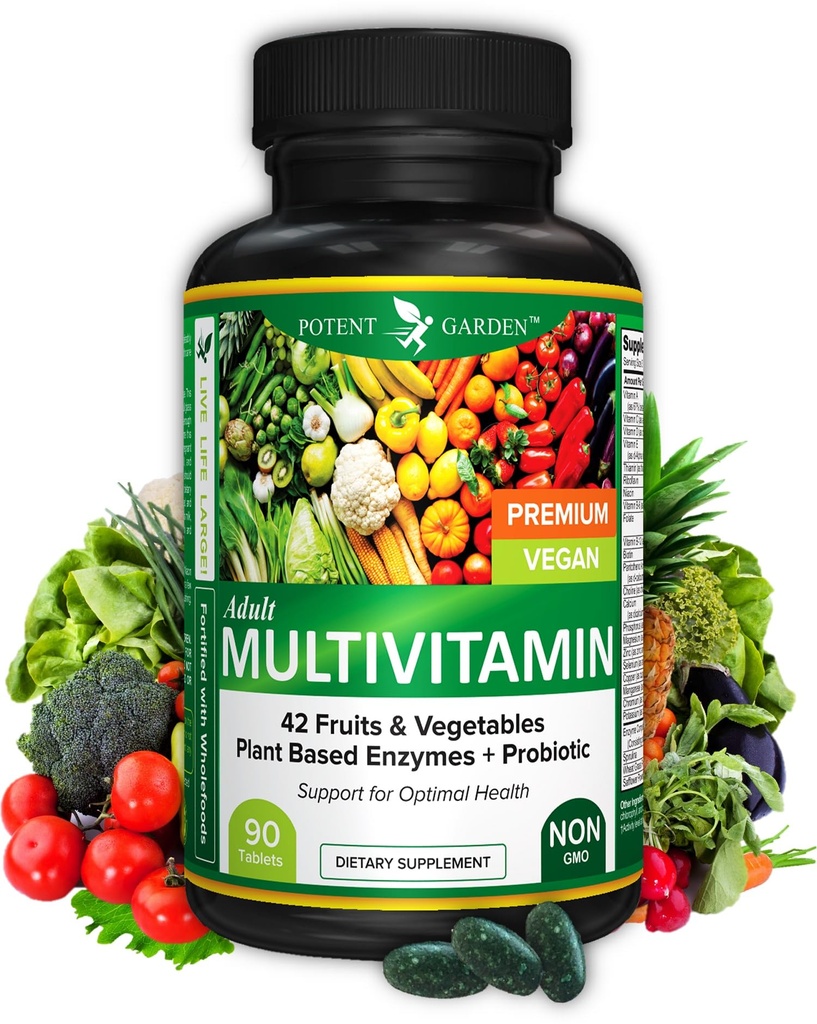 Močni vrt Multivitaminski za ženske in moške, 42 Sadje in zelenjava Plus probiotiki, Podpira energijo Presnova in imunski sistem, Daily Multivitaminski za moške in ženske, ki niso GMO, 90 Tabs, 30 Serving