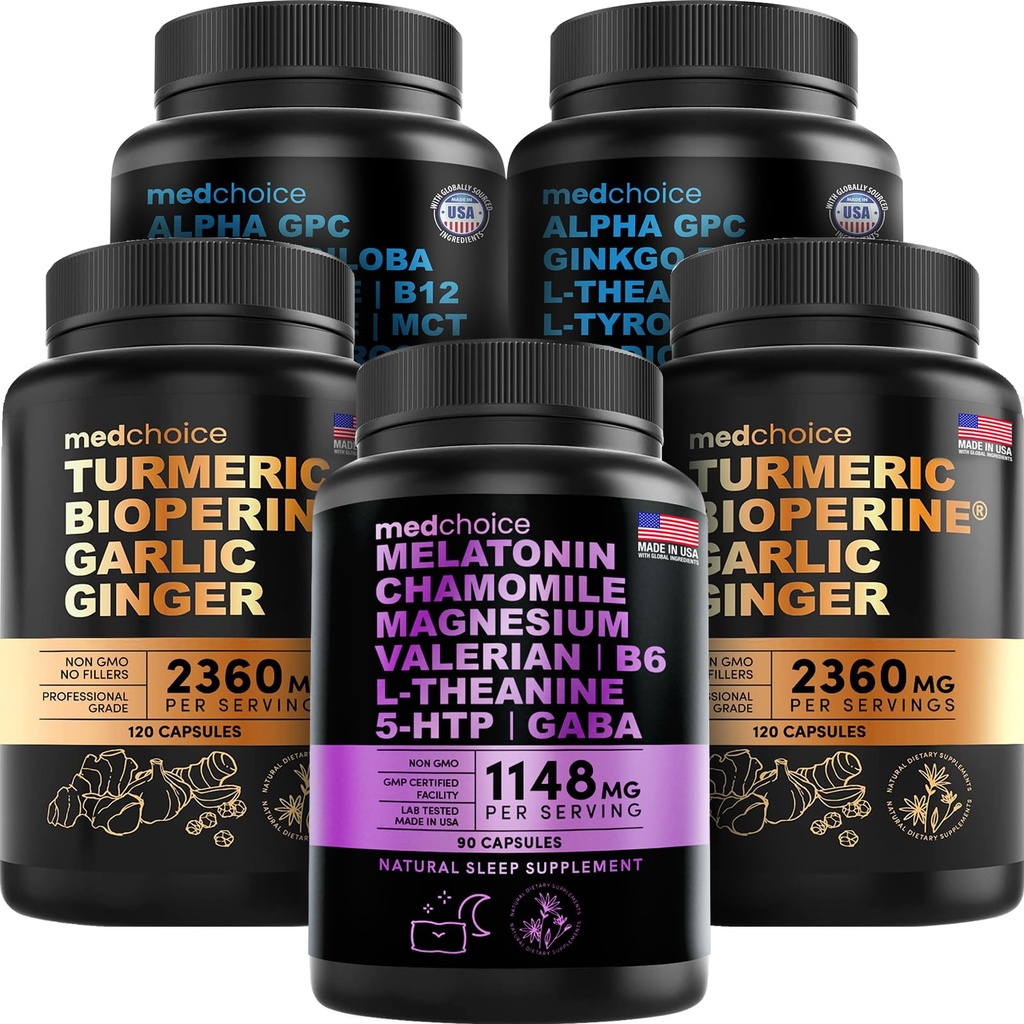 MEDCHOICE Sleep melatonin (90ct), kurkuma & ingver (240ct) in Nootropic Brain (120ct) dodatek Bundele - Wellness Trio za možgane, spanje, & Imunska podpora - Vegan, Non-GMO, Gluten-free