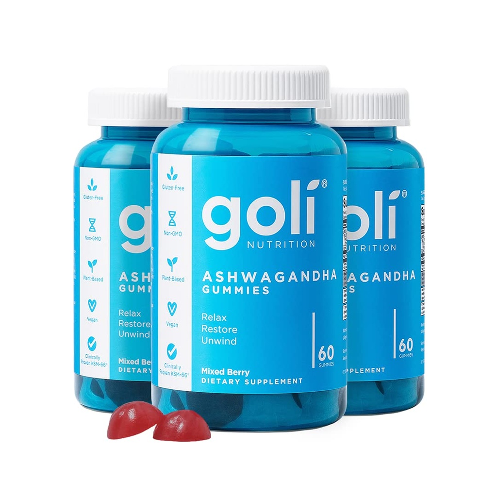 Goli Ashwagandha & Vitamin D Gummy - 180 Count - Mixed Berry, KSM-66, Vegan, Rastlinski temelji, Non-GMO, Gluten-free & Gelatin Prosti sprostitev. Obnovi. Sproščeno, pakiranje po 3
