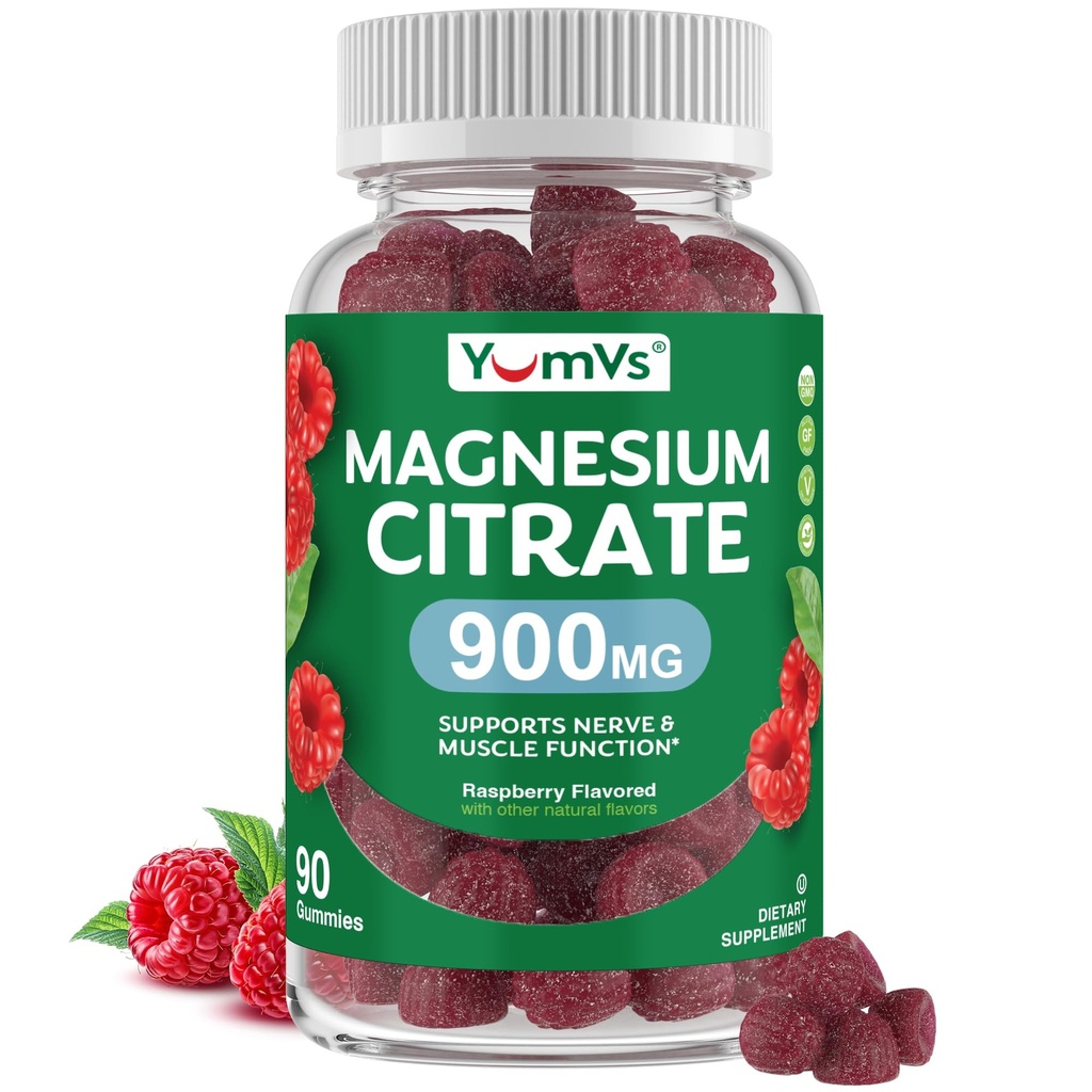 YUM-V'S Magnezijev citrat Gumies – 900mg Zelo Absorbibilen Magnezijev Gumies za ženske in moške za podporo živcev, mišice in encim funkcijo – Gluten-free, Kosher & Malina aroma (90 grof)