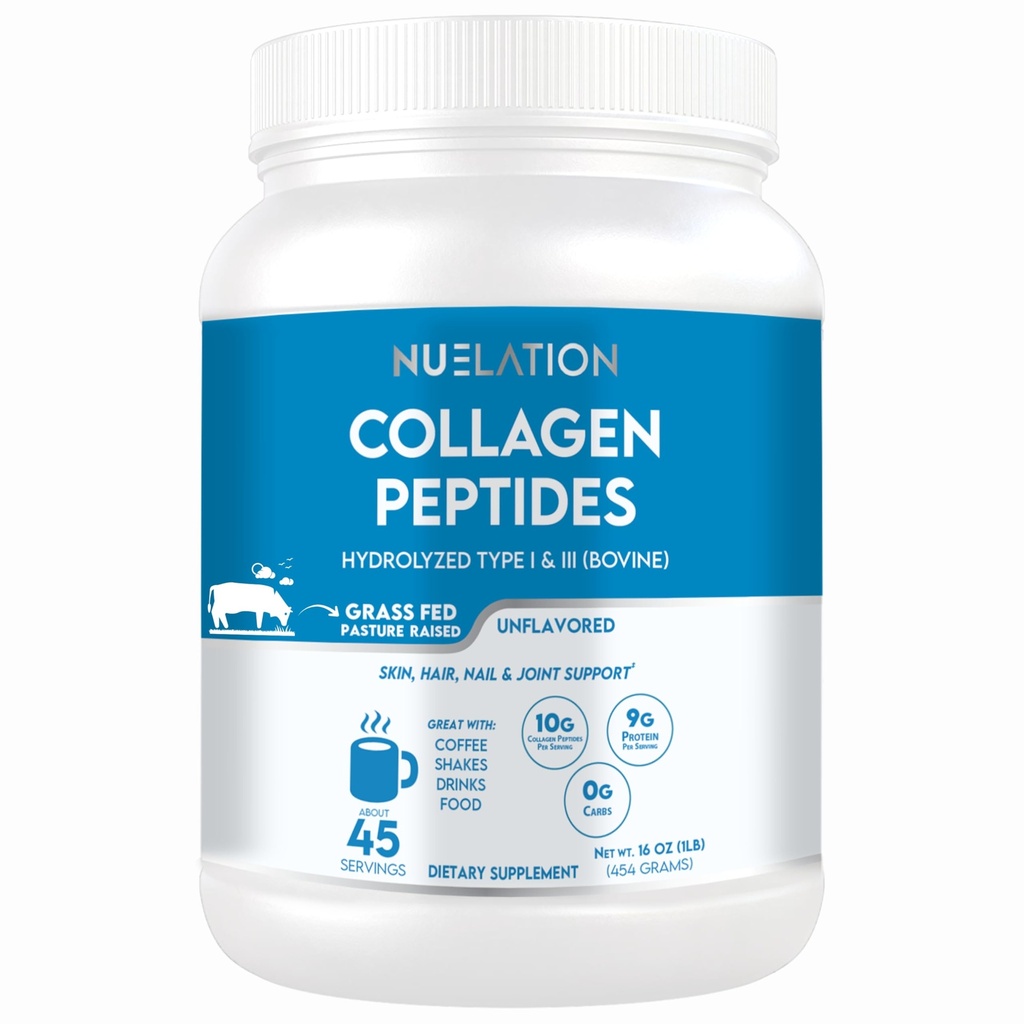 Nearomatizirani kolagen peptidi beljakovinski prašek 1LB, 45 servivi. Tip 1 & 3 Hidrolizirano govedo kolagen za ženske in moške. 10g kolagen v prahu & 9g beljakovine na strežbo za kožo, lase, podporo za nohte