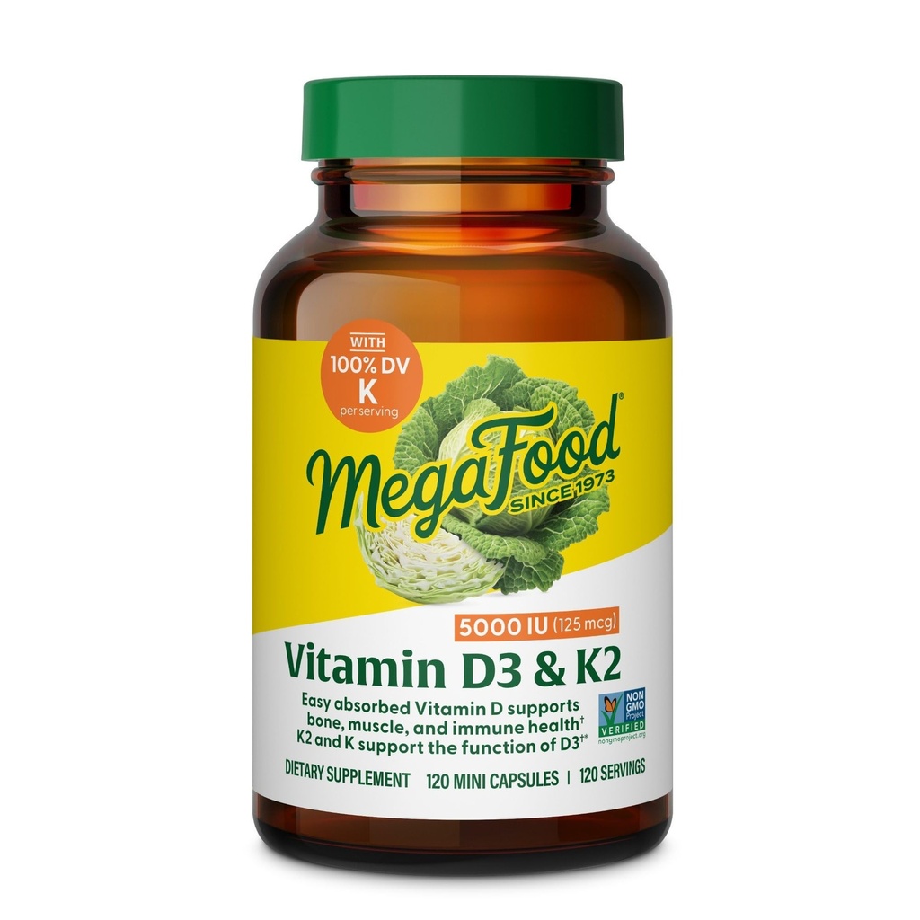 MegaFood Vitamin D3 5000 i.e. (125 μg) - Vegetarijanski dodatki z vitaminom D3 K2 - Podpira kosti, zobe, mišice in imuno zdravje - Certificirano Non-GMO - 120 Mini kapsul, 120 Servingov