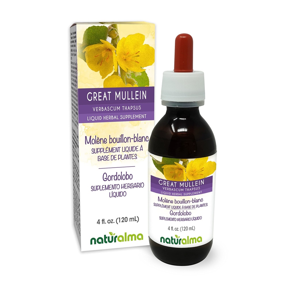Naturalma Great Mullein ali navadni Mullein (Verbascum tapsus) Cvet in list Alkohol brez tinkture - 4 fl oz Tekoči ekstrakt v kapljice - Zeliščni dodatek - Vegan