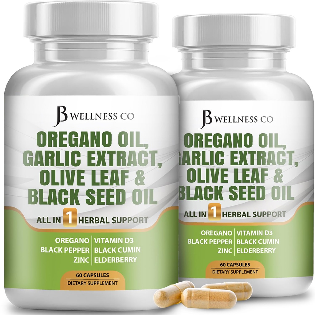 JB Wellness Oregano Oil, česen ekstrakt, Olive Leaf, z Astragalus - Imunska podpora & Prebavni zdravstveni dodatek za ženske in moške - 120 Count