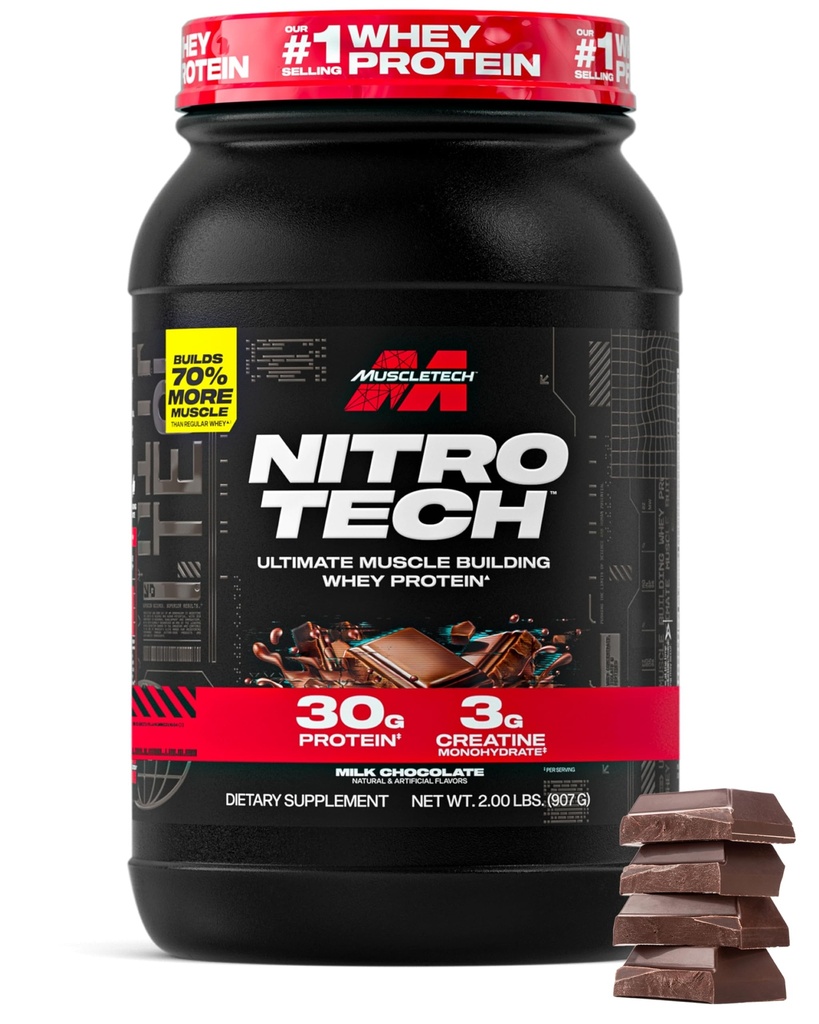 Muscletech Whey Protein Powder (mlečna čokolada, 2 funta) - Nitro-Tech Ultimate Muscle Building Formula z izolatom sirotkinih beljakovin - 30g beljakovin, 3g kreatina in 6,8g BCAA - pakiranje maj Vary