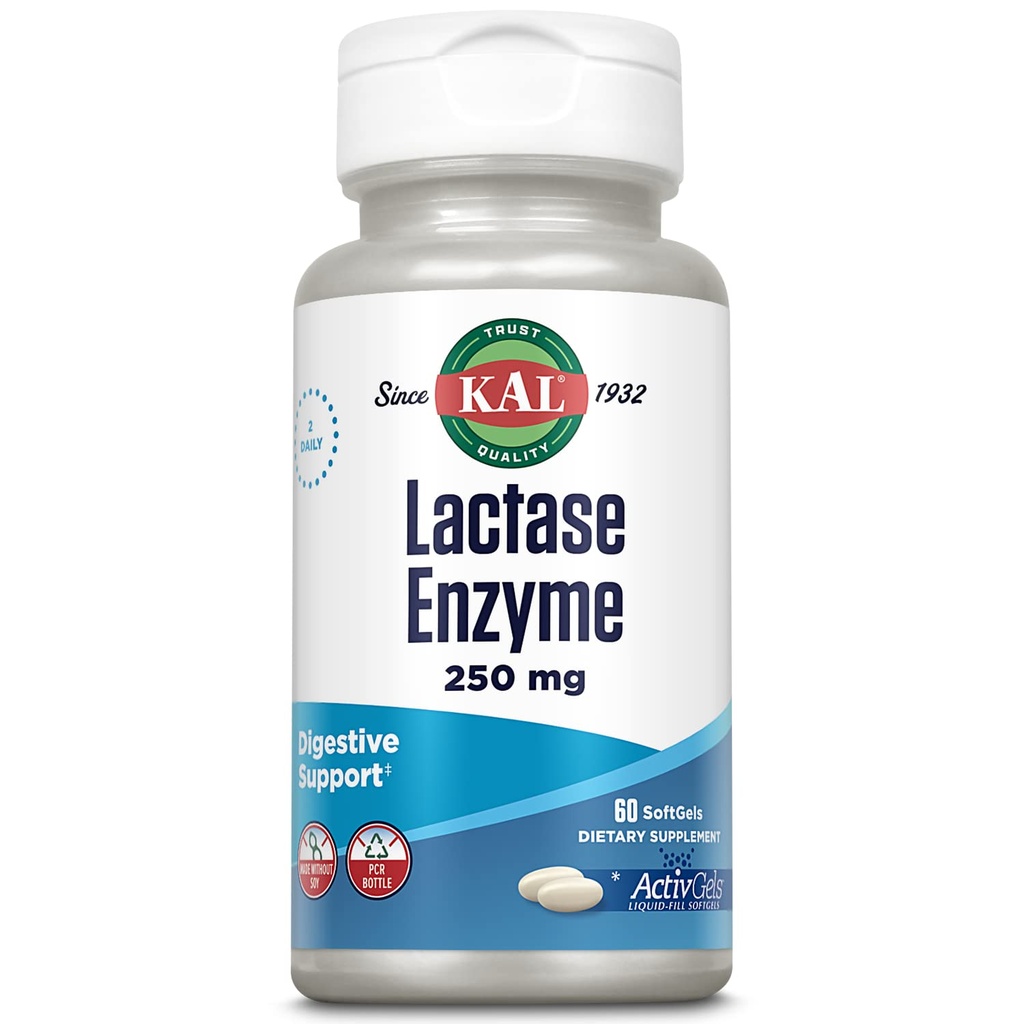 KAL Enzyme Lactase 250 mg, podpora za zdravo prebavo za intoleranco za laktozo, aktivGels, napolnjen s tekočino, narejene brez soje, 250 FCC enot, 30 servingov, 60 SoftGels