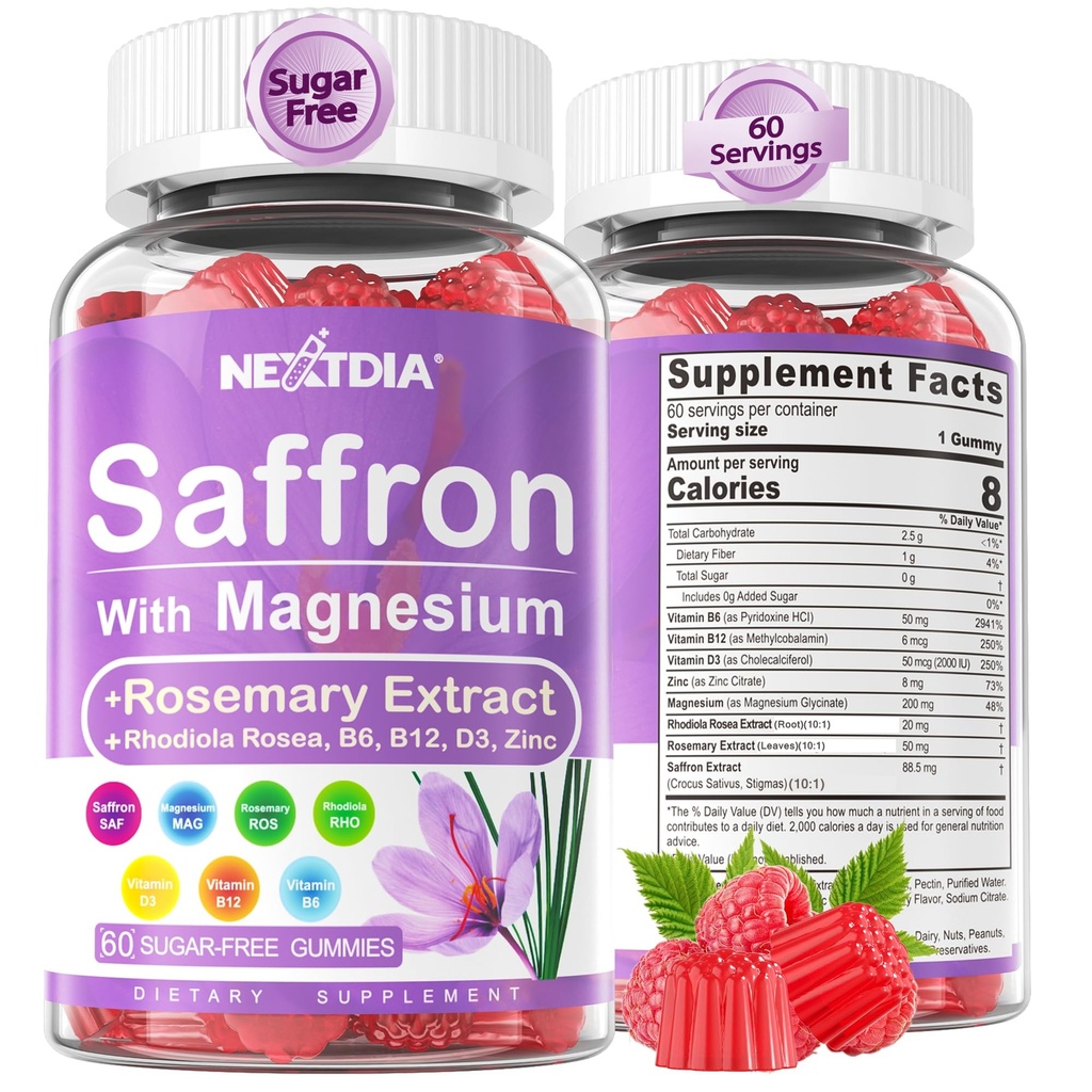 Žafran z magnezijevim glicinatom Gumies, 2 meseca dobave -Sugar Free Magnezij 400/200mg w/Saffron,Rhodiola,Rosemar, B6,B12,D3 za S-leep, Calm,Focus, Relax, Nerve, Melatonin Brez Gumies