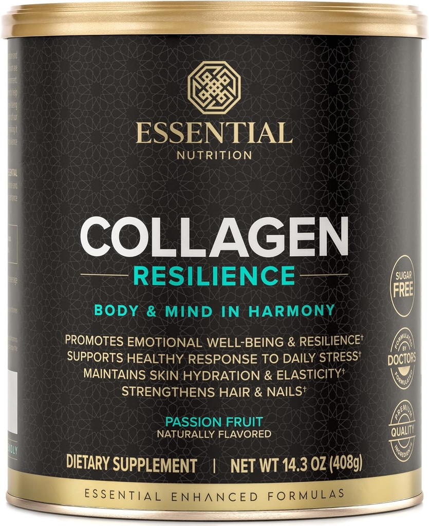 Essential Nutrition Collagen Resience - hidroliziran kolagen peptidi v prahu s hialuronsko kislino, Silicijem, Amino-Acids & Passion Flower Extract - Passion Fruit - 14.3 oz (30 strežajev)