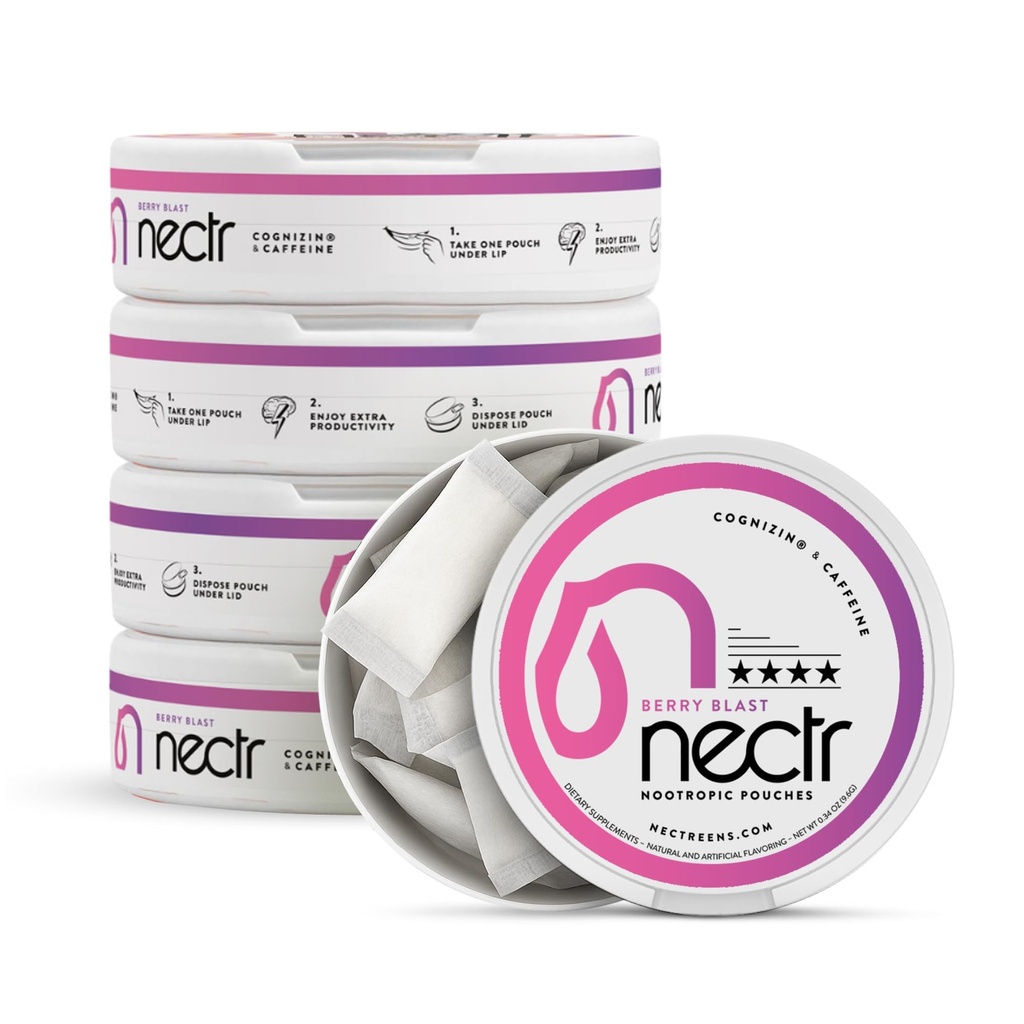 Nectr Energy Nootropic Pouches – Berry Blast Flavored, Caffeine Pouches s Cognizin® Citicoline. Sladkor brez možganov. Gladek, trajen dodatek za fokus in energijo - 5 Pucks of 16pcs