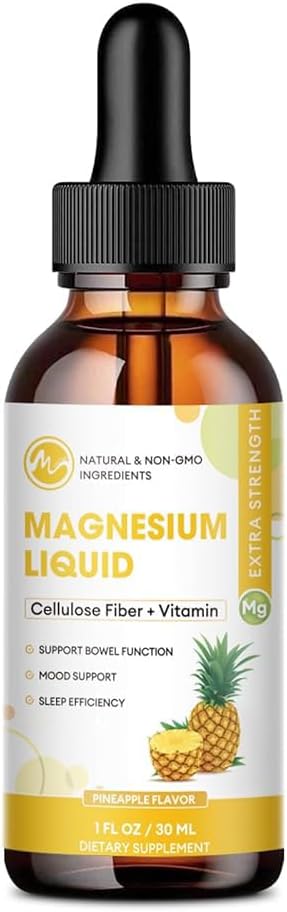 M palca Magnezijev Glicinat Tekoča, visoka absorpcija Magnezijeve tekoče kapljice s celulozno vlakno, bromelain, vitamin B6, C, D, cink, magnezij dopolnilo za otroke in odrasle, Ananasov okus, 1 pakiranje