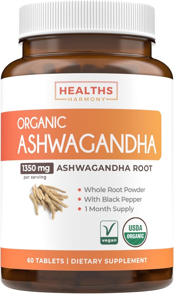 USDA Organic Ashwagandha dodatek - Visoke jakosti Ashwagandha tablete narejene z organsko črno papriko za izboljšano absorpcijo - Veganski ne-GMO izdelan v ZDA & laboratorij preverjeno (1 mesec dobave)