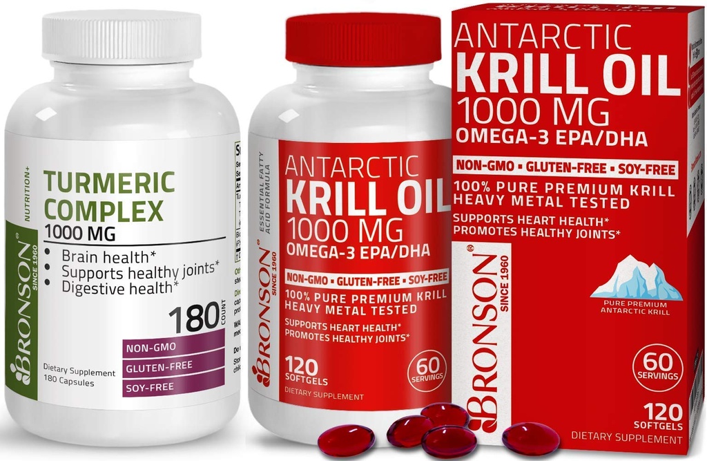 Bronson Kurkumin z BioPerine High Potency Premium Skupna podpora + Bronson Antarktika Krill Oil 1000 mg z Omega-3s EPA, DHA