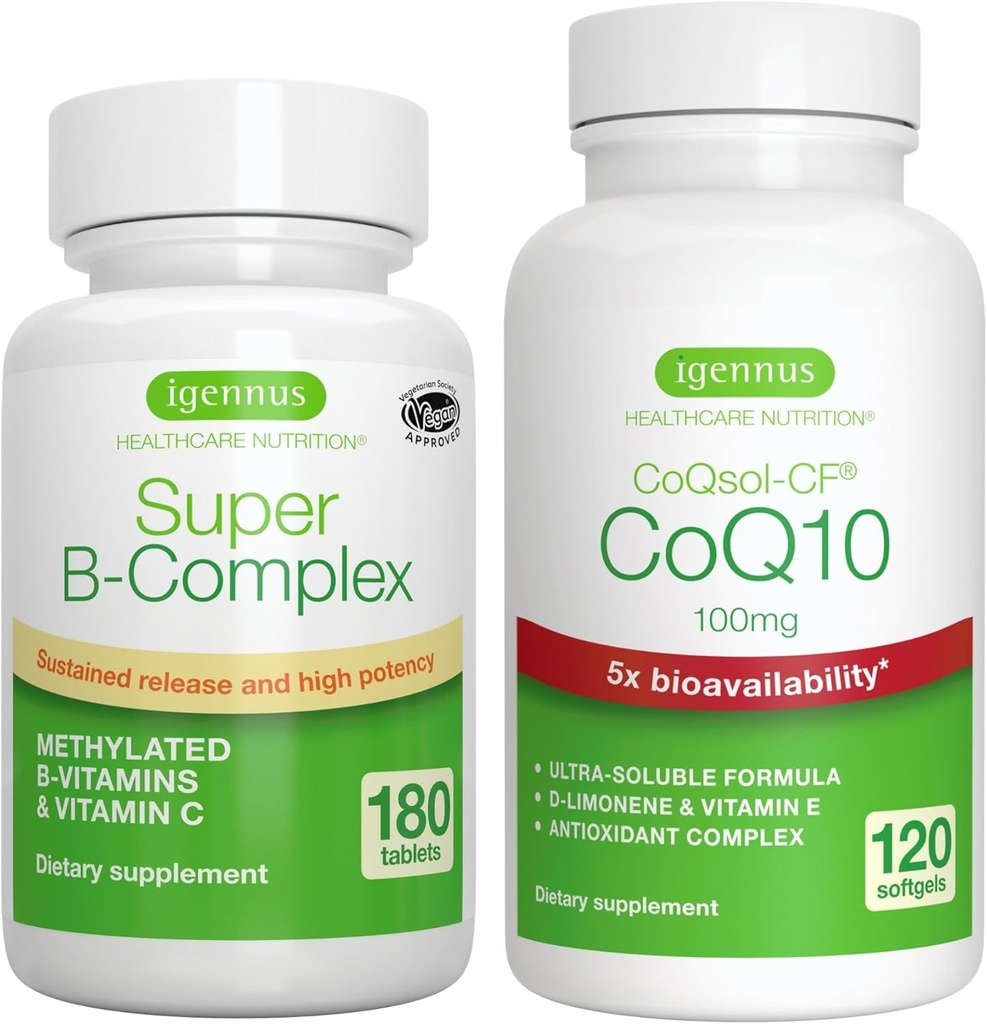 Super B-kompleks 180 Tablete + visoka absorpcija CoQ10 100mg 120 Softgels Energy Bundele, Metilirana trajen release B Complex + CoQ10 z vitaminom E & D- Limonene, by Igennus