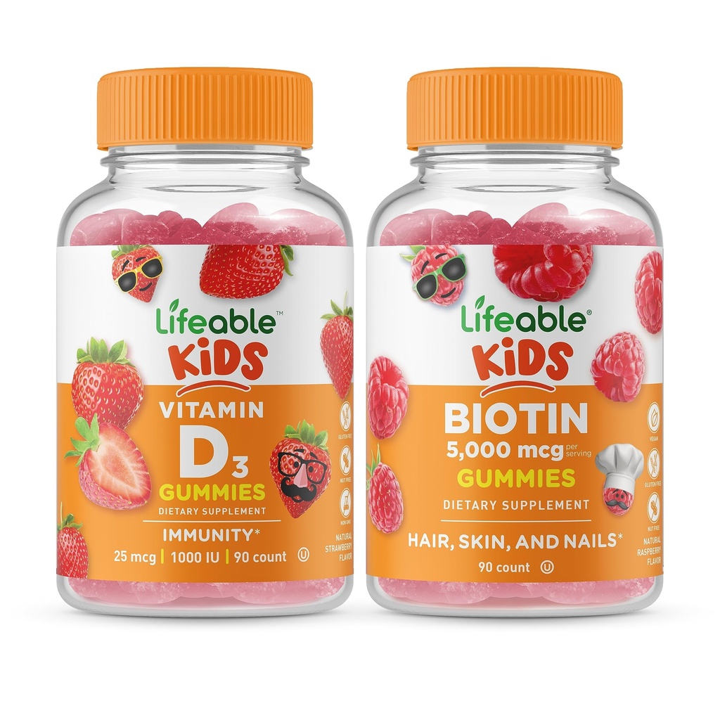 Življenjski vitamin D Otroci + Biotin Otroci, Gummies Bundle - odličen okus, Vitamin dodatek, Gluten brezplačno, GSO brezplačno, Žvečljivi gumi