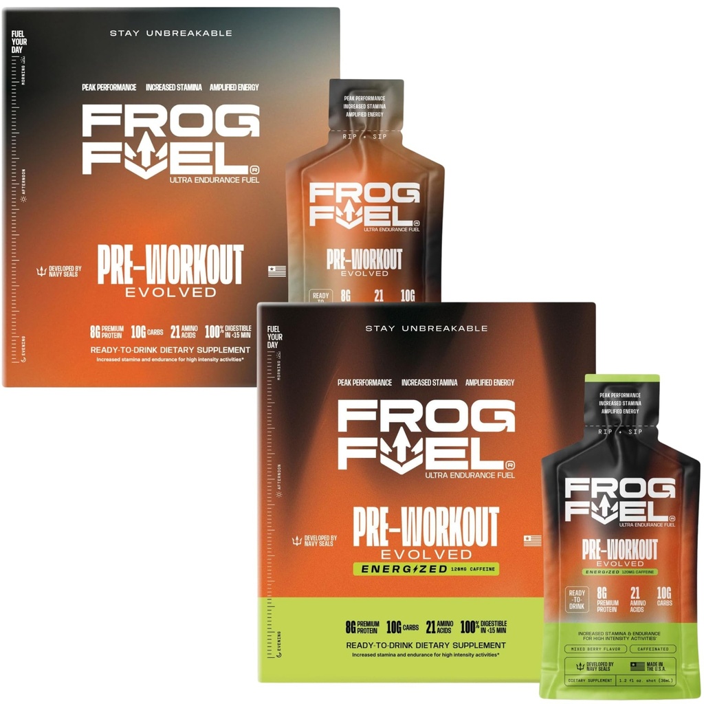 Žabje gorivo Ultra & Ultra Energized Pred vadbe Shot Bundle s 1500mg Beta Alanine, Elektroliti 8g Protein Nano-Hydrolyzed Trava Fed Collagen, 10g ogljikovih hidratov, Berry, 1.2 oz Packets, 48 Pack