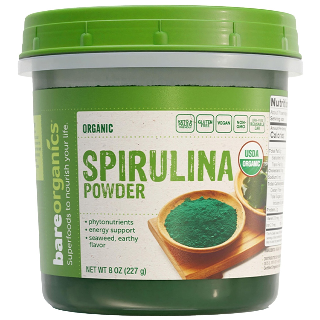 BareOrganics Spirulina Powder - Organski Superfood Powder - Vegan, Non-GMO, Gluten-free - visoke beljakovine, antioksidant-Rih za napitke, sokovi, Shake & Daily Wellness, 8 Oz