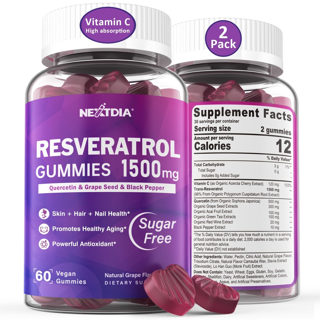 Resveratrol dodatek 1500mg - Resveratrol Gumies podpira NAD+, NMN & NMNH Synergy, s Quercetin, grozdno seme, Acai jagode ekstrakti za antioksidant, zdravo staranje in dolgoživost, koža, možgani - 2Pcs