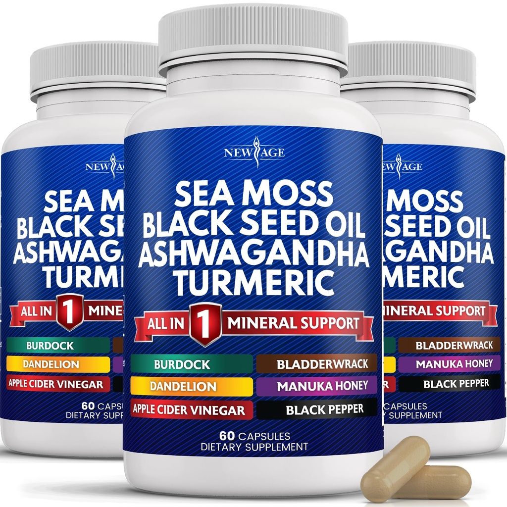 NOVA STAROST Silica Sea Moss, črno seme olje, Ashwagandha, Kurkurja, Bladderwrack, Burdock - z Manuka, Medena Dandelion, ACV Črna paprika Gluten brezplačno