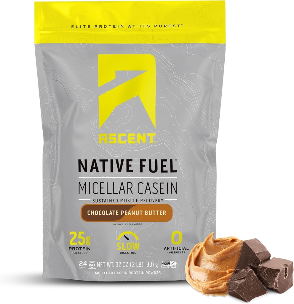 Ascent Casein Protein Powder - 25g Micellar Kazein Powder z ničelnimi umetnimi aromami in sladili, brez glutena, brez dodanega sladkorja, 4,9g BCAA, 2.2g Leucin - čokoladno arašidovo maslo, 2 funta