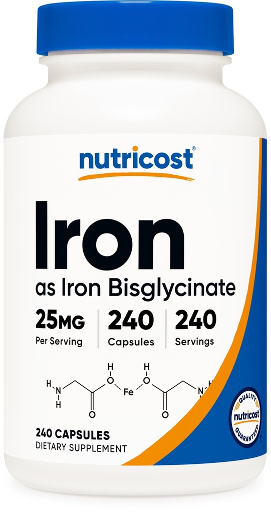 Nutricost Dopolnilo železovega biglicinata (25 mg) 240 Kapsule iz železovega biglicinata Chelate - brez GMO & Gluten-free