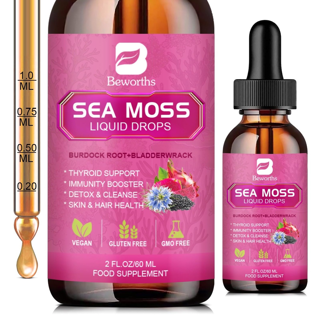 Sea Moss tekoče kapljice - Organsko črno seme olje Irish Sea Moss Gel z burdock koren, Bladderwrack, Elderberry, Vitamin C, D3, 6X Strower Seamoss Gel za prebavne, zdravje las - Vegan
