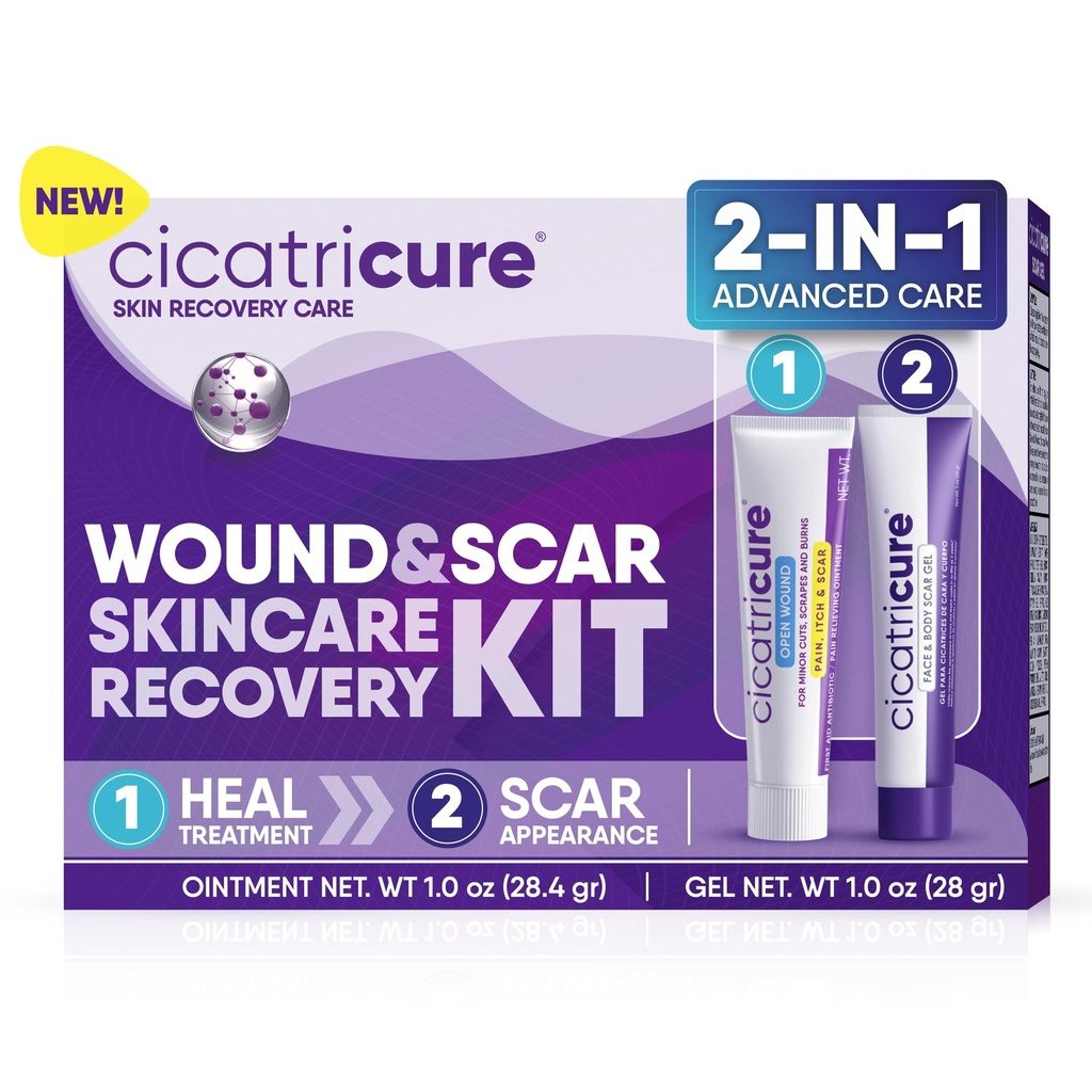 Cicatricure Skin Recovery Kit: Advanced Scar Gel & Open Raund Care Antibiotično mazilo, zmanjša raztezne oznake, Kirurške & Acne brazgotine, Zdravljenja rezov in opeklin, 1 oz vsak - za odrasle in otroke