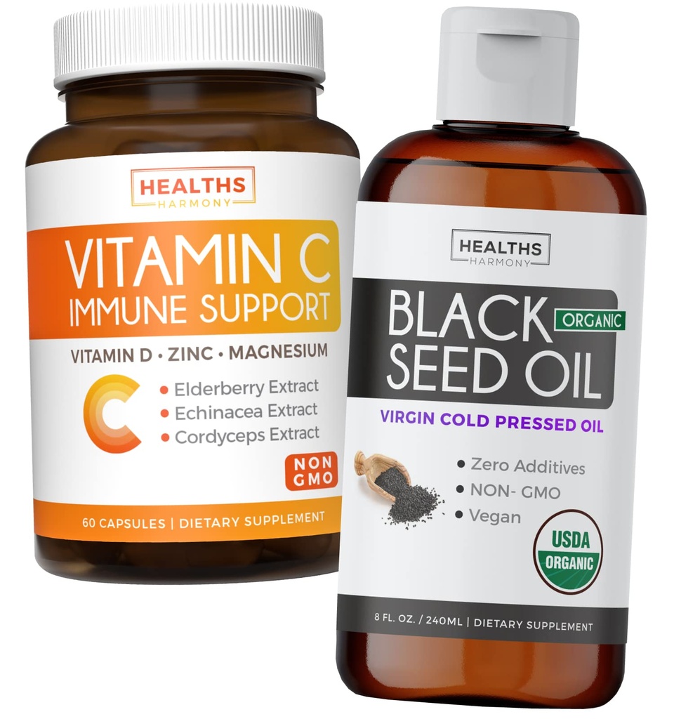 Mešanica črnega olja, tekočega in vitamina C – Imunska fuzija – organsko črno olje, tekoče (8fl oz) Premium Cold-Presed Nigella Sativa & Vitamin C Imunska podpora (Non-GMO)(60 kapsul)