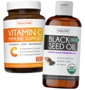Mešanica črnega olja, tekočega in vitamina C – Imunska fuzija – organsko črno olje, tekoče (8fl oz) Premium Cold-Presed Nigella Sativa & Vitamin C Imunska podpora (Non-GMO)(60 kapsul)