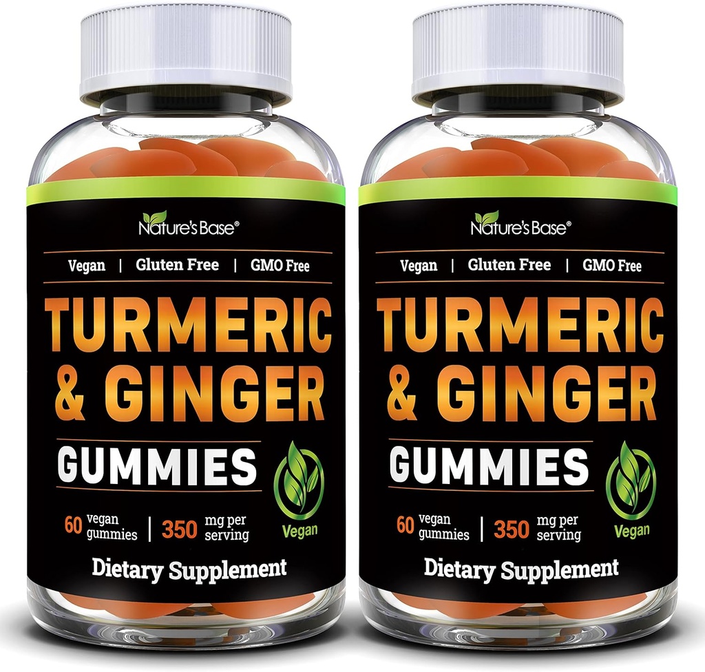Baza narave Kurkumin in Ginger Gumies za odrasle (2 paket) - Tumerski kurkumin dodatek za podporo skupno zdravje in imunske podpore - 120 Vegan Gummies